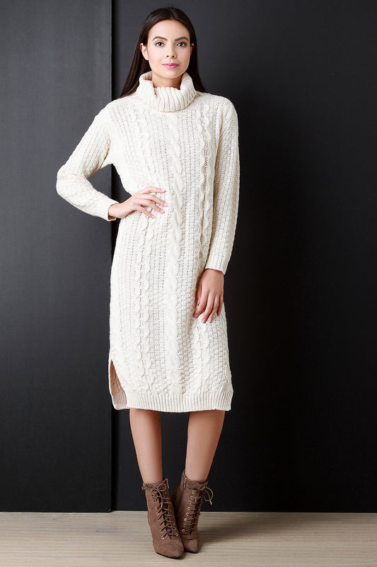 Cowl Neck Chunky Cable Patterned Knit Sweater Dress