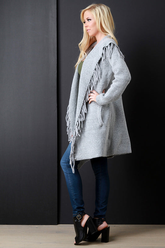Thick Knit Wide Collar Fringe Pocketed Longline Cardigan