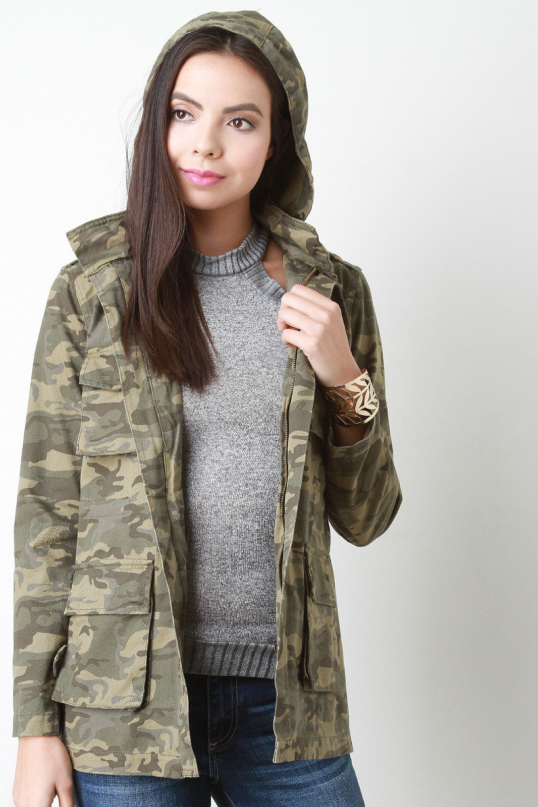 Camouflage Canvas Hooded Utility Jacket