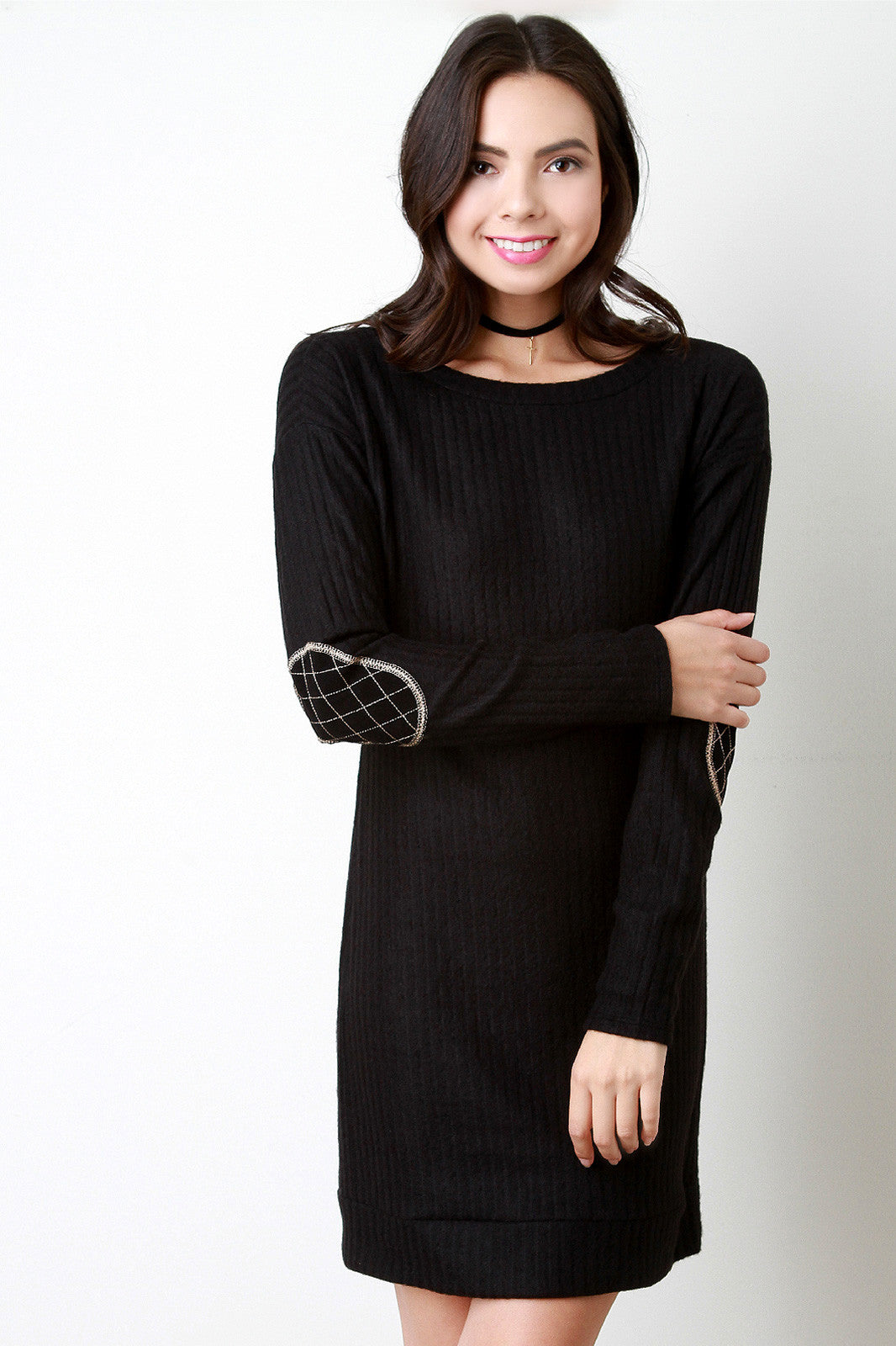 Brushed Rib Knit Elbow Patch Dress