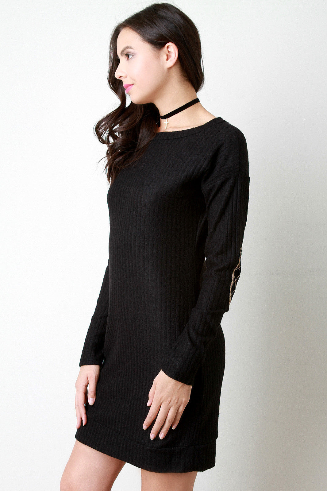Brushed Rib Knit Elbow Patch Dress