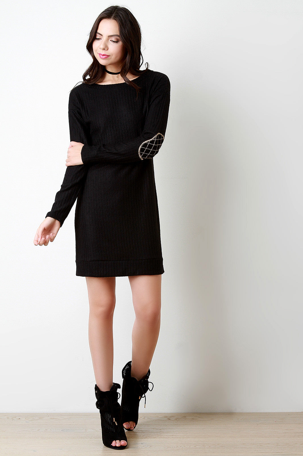 Brushed Rib Knit Elbow Patch Dress