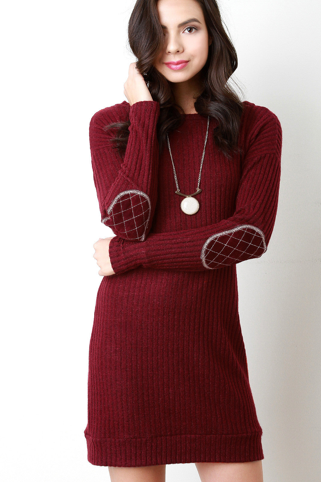 Brushed Rib Knit Elbow Patch Dress