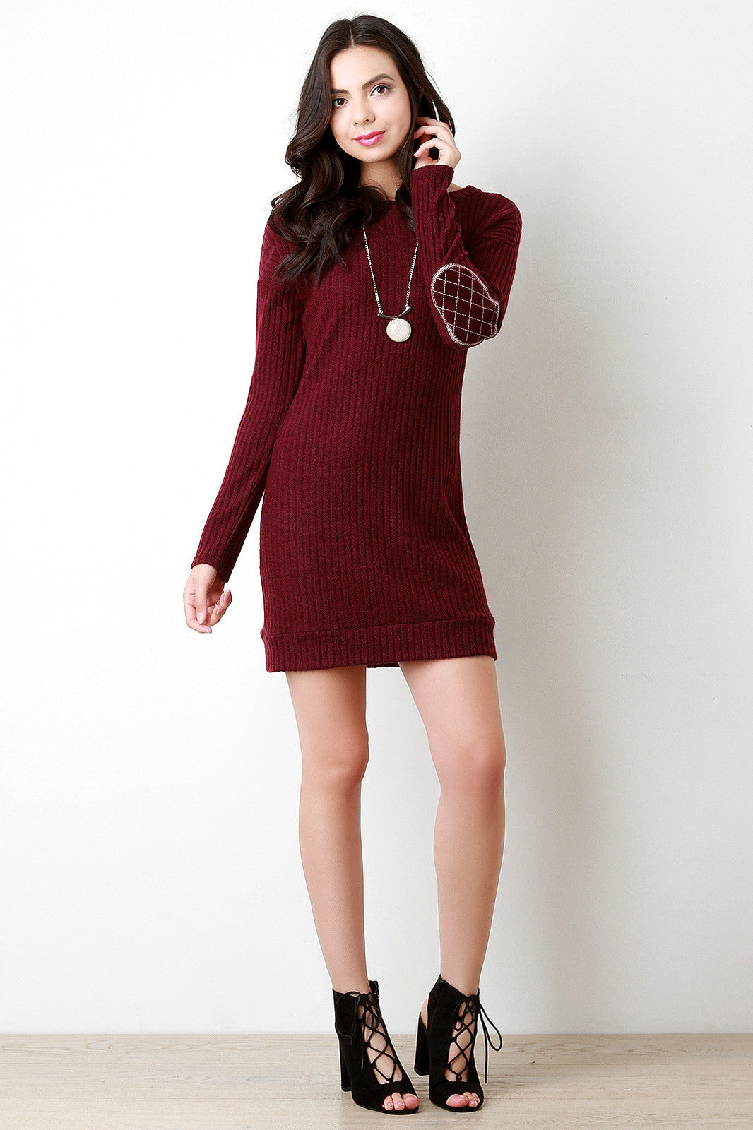 Brushed Rib Knit Elbow Patch Dress