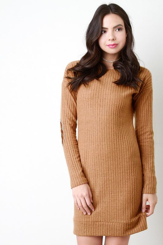 Brushed Rib Knit Elbow Patch Dress
