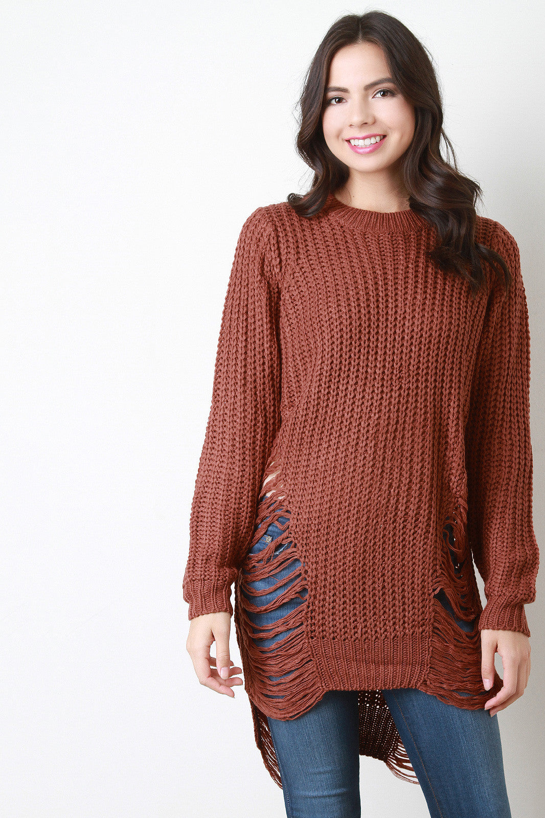 Chunky Knit Side Slit Shredded Sweater Top