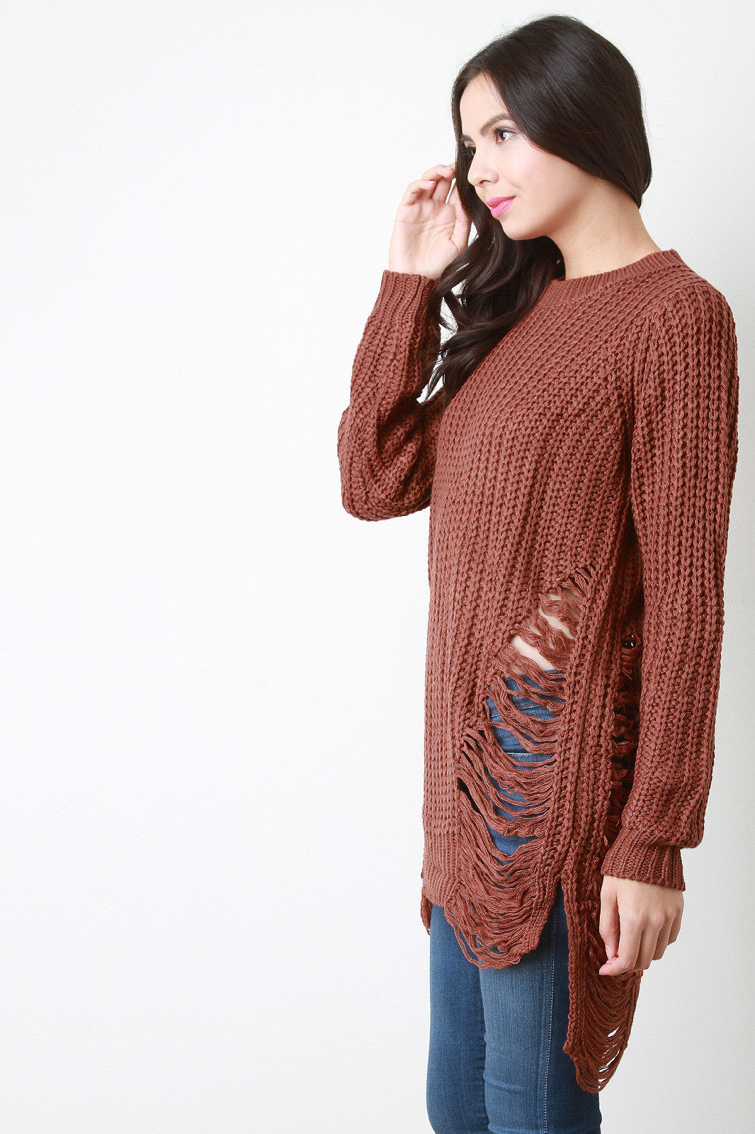Chunky Knit Side Slit Shredded Sweater Top