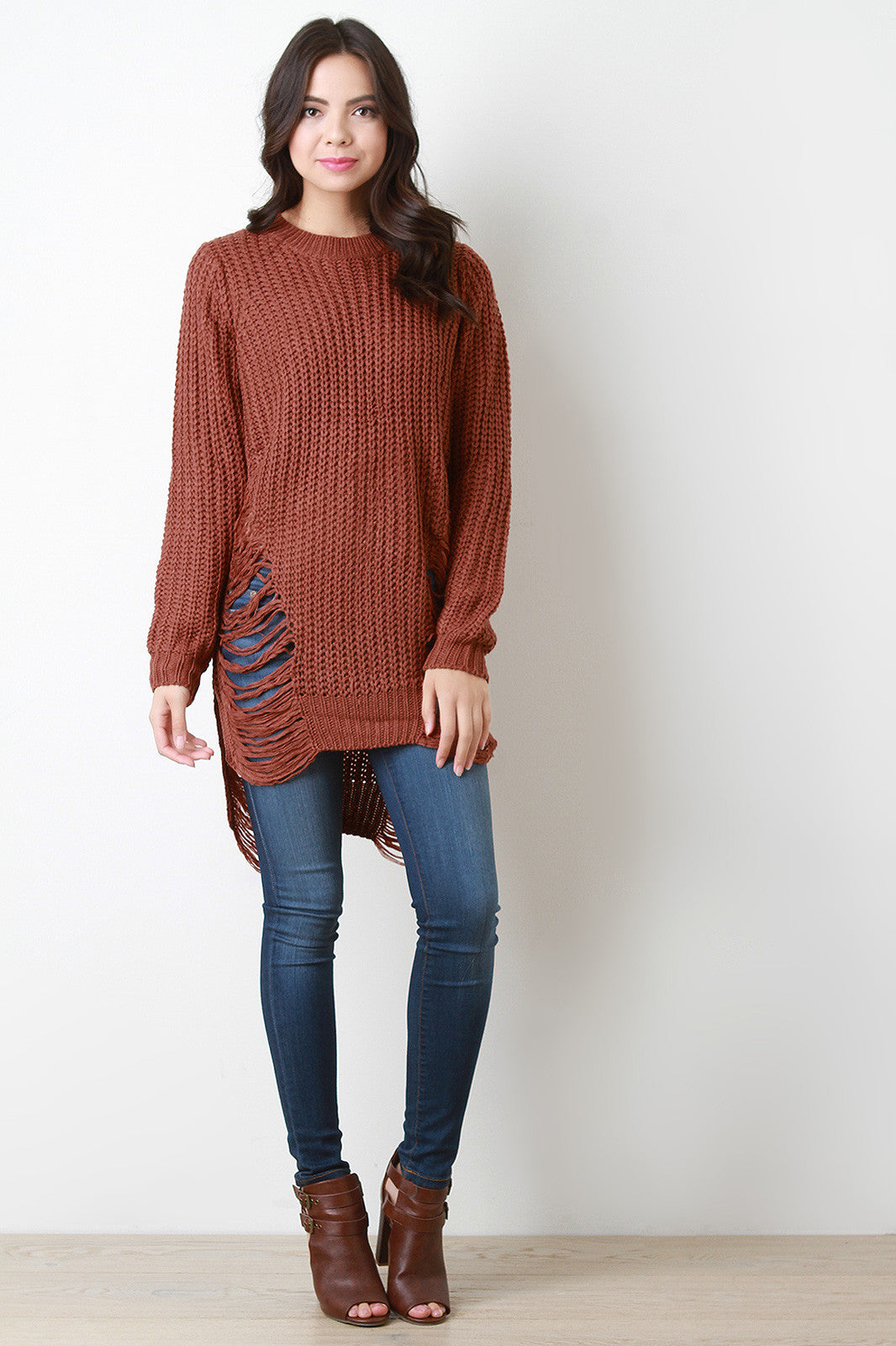 Chunky Knit Side Slit Shredded Sweater Top