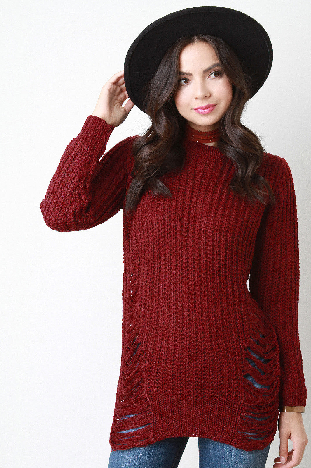 Chunky Knit Side Slit Shredded Sweater Top