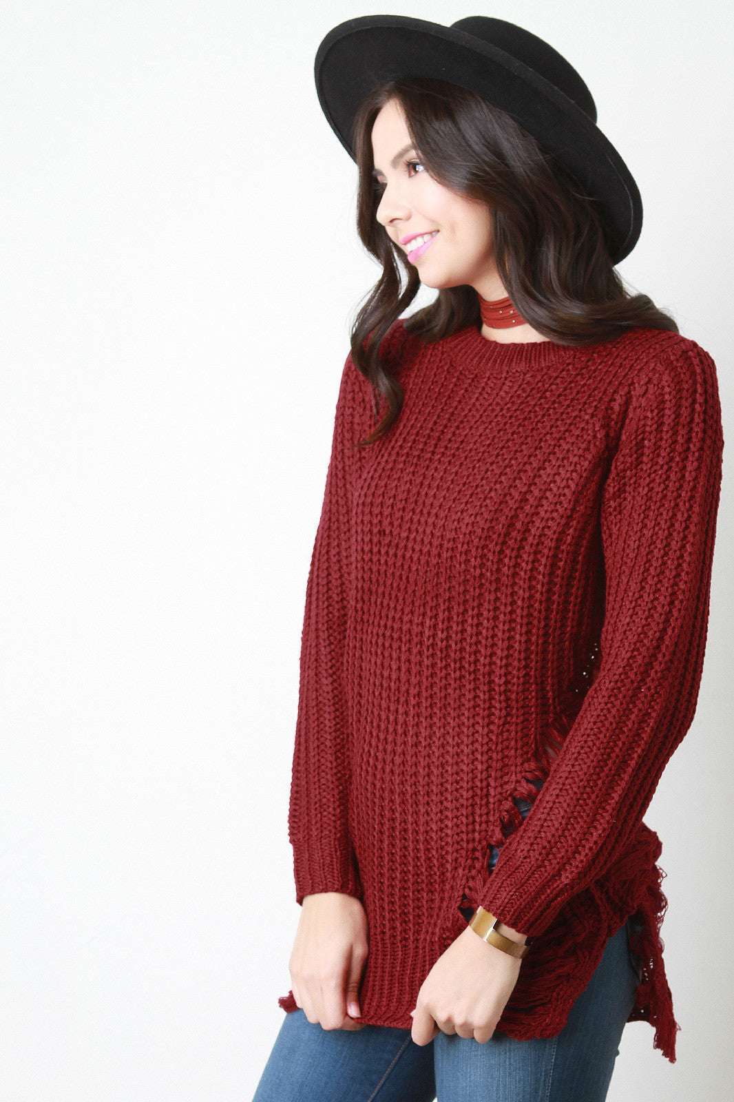 Chunky Knit Side Slit Shredded Sweater Top