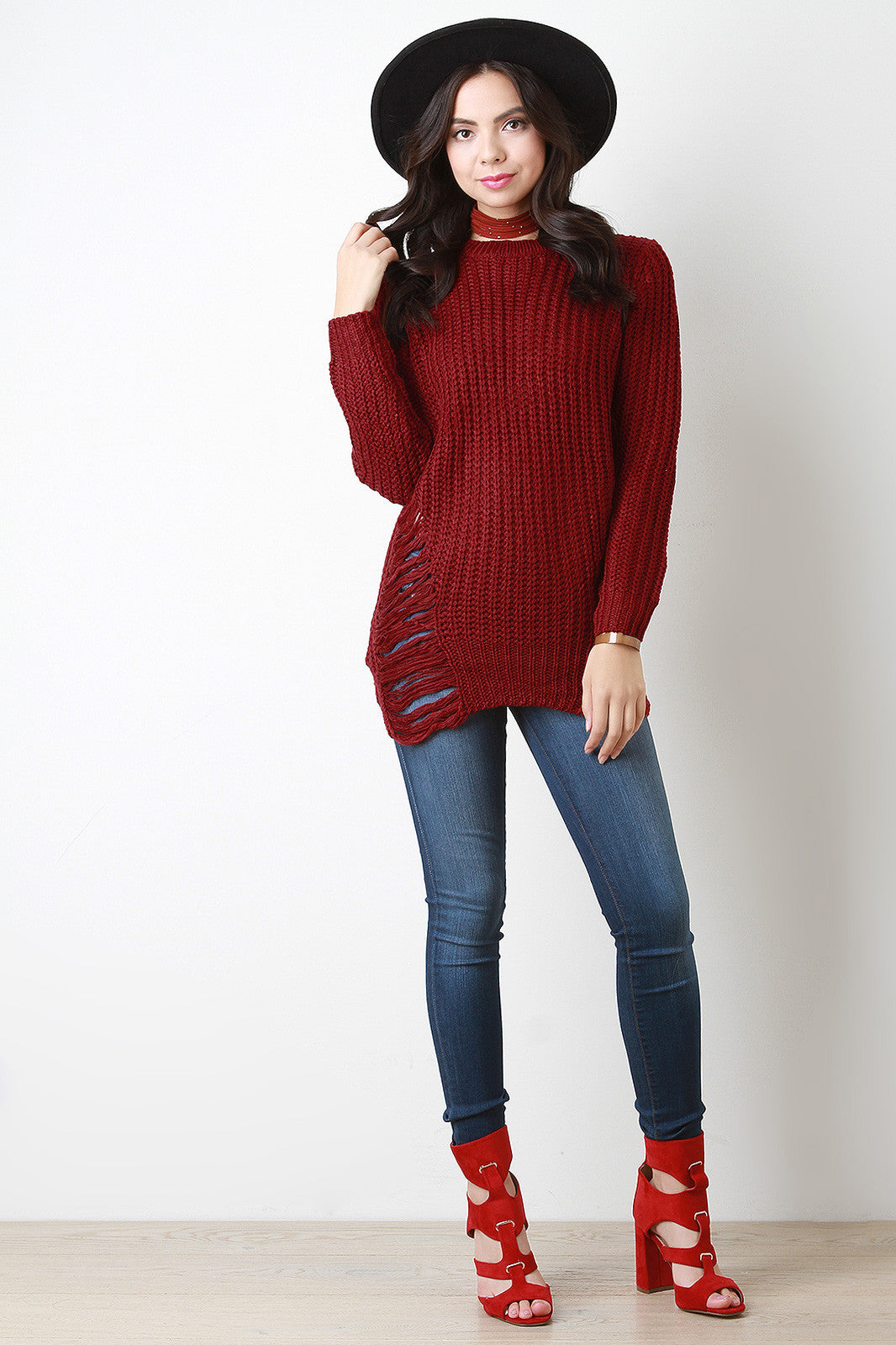 Chunky Knit Side Slit Shredded Sweater Top
