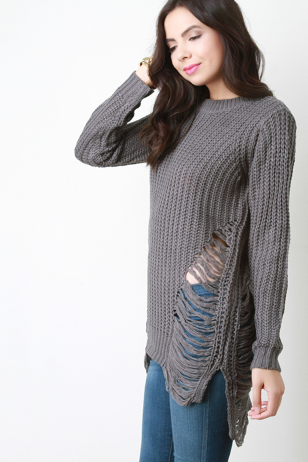 Chunky Knit Side Slit Shredded Sweater Top