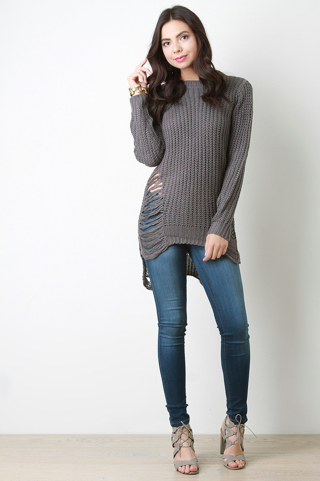 Chunky Knit Side Slit Shredded Sweater Top