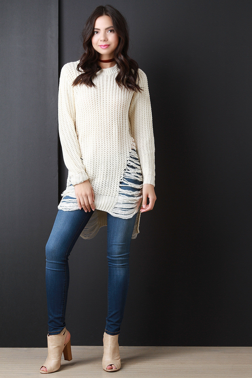 Chunky Knit Side Slit Shredded Sweater Top