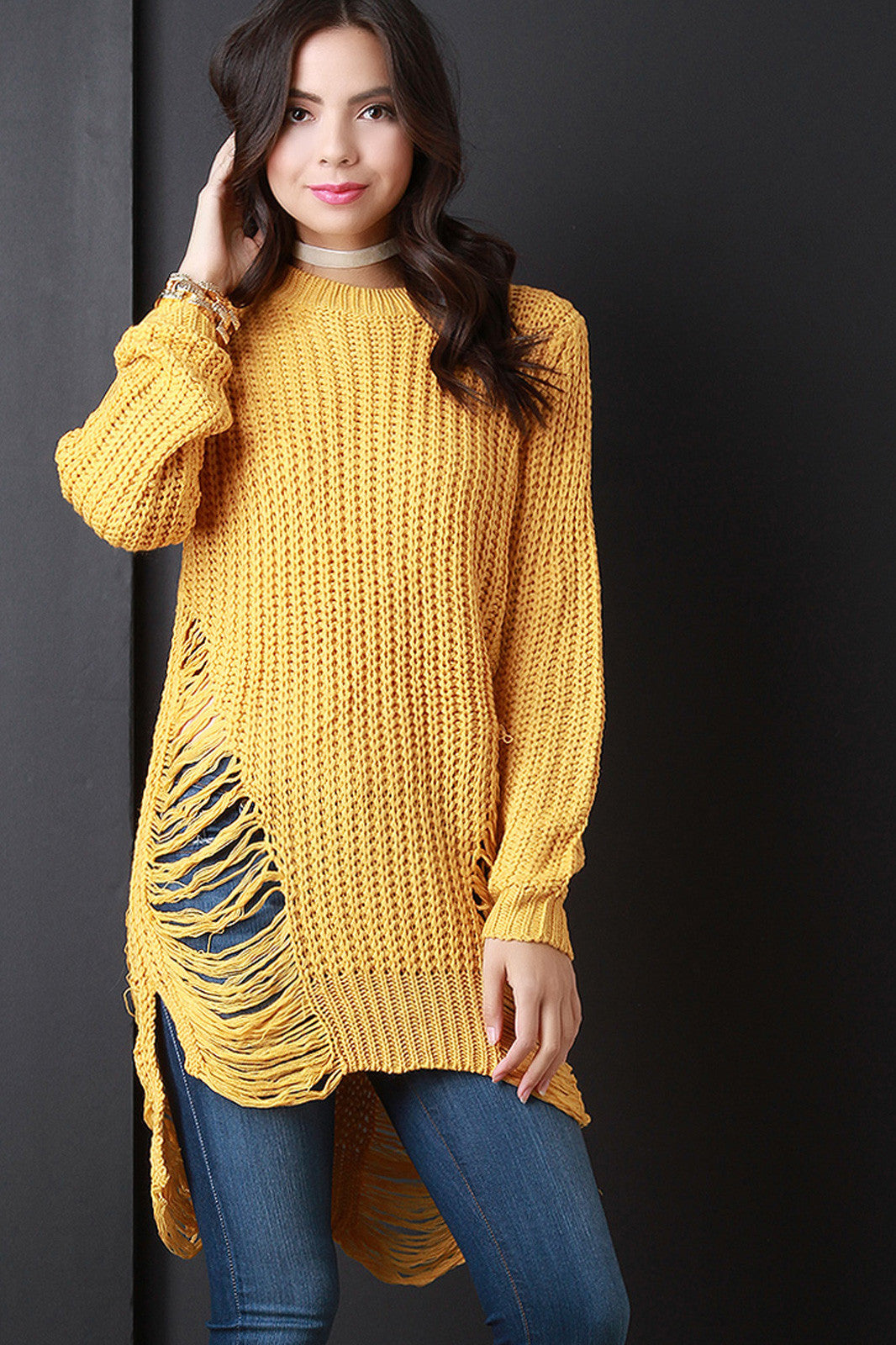 Chunky Knit Side Slit Shredded Sweater Top