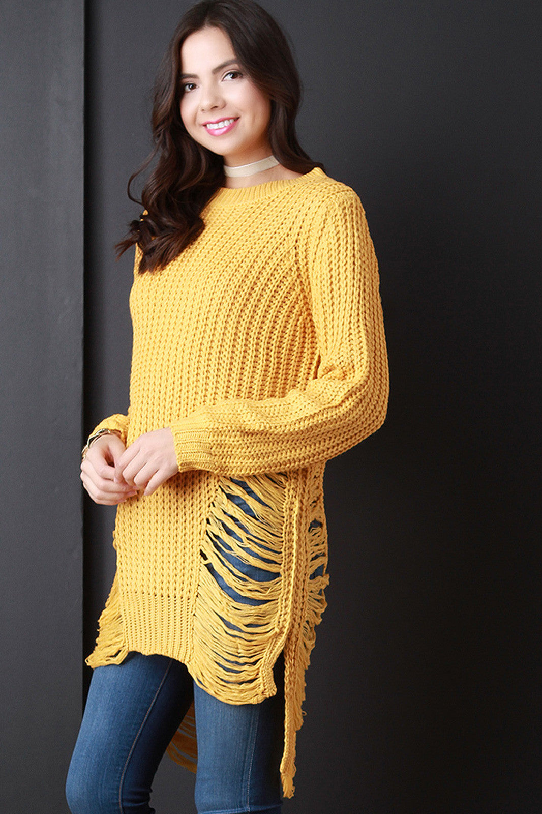 Chunky Knit Side Slit Shredded Sweater Top