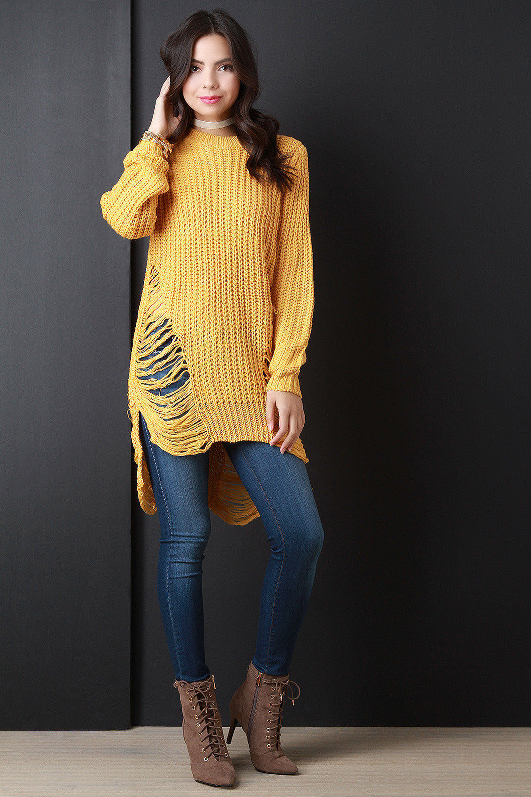 Chunky Knit Side Slit Shredded Sweater Top