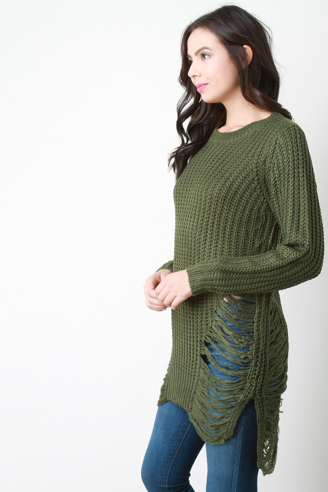 Chunky Knit Side Slit Shredded Sweater Top