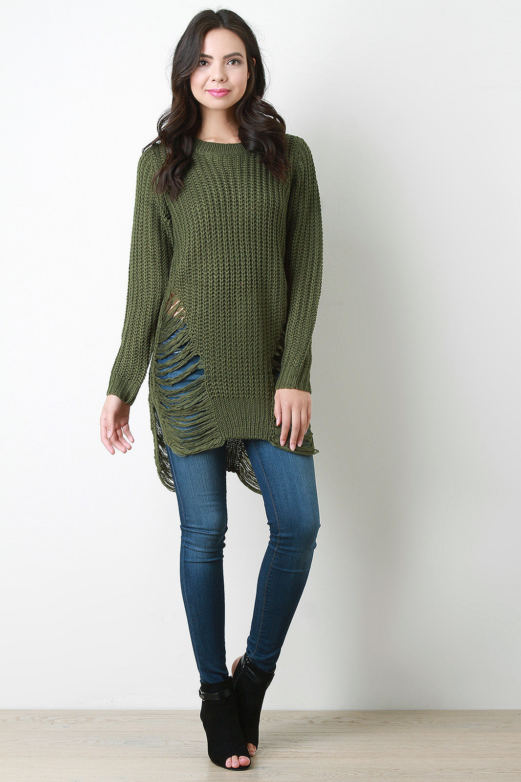 Chunky Knit Side Slit Shredded Sweater Top