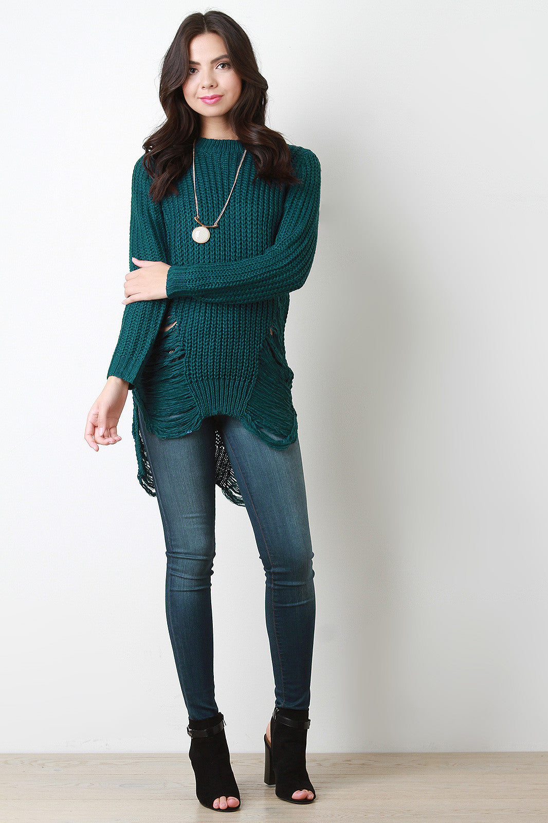 Chunky Knit Side Slit Shredded Sweater Top