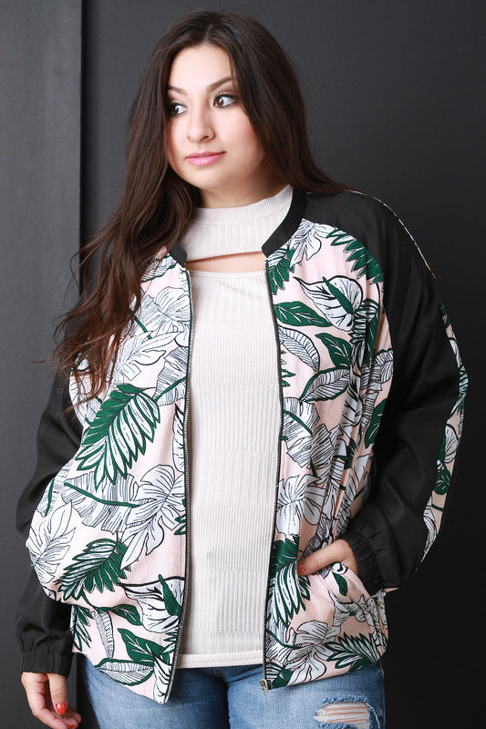 Tropical Print Zip Up Bomber Jacket