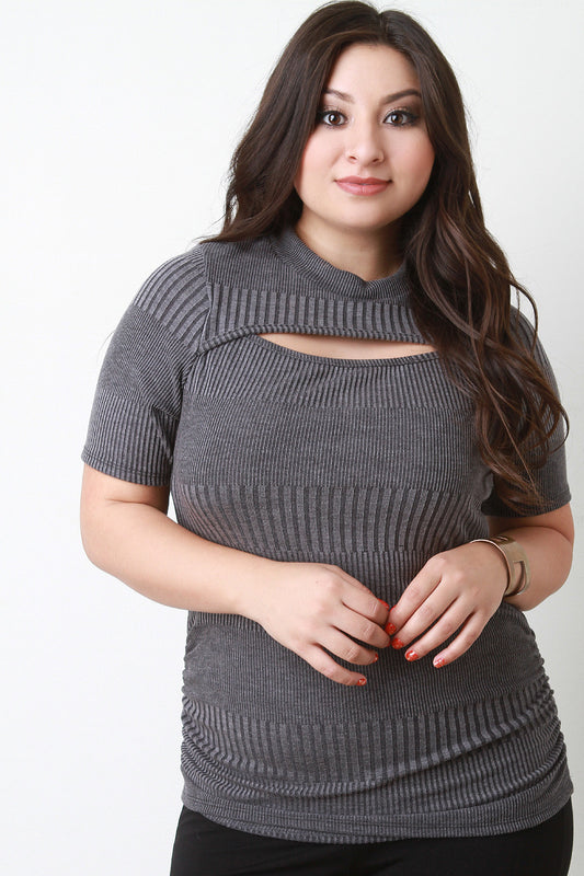 Ribbed Knit Keyhole Short Sleeves Top