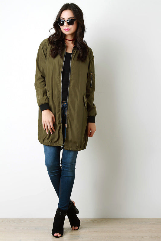 Contrast Trim Long Bomber Jacket