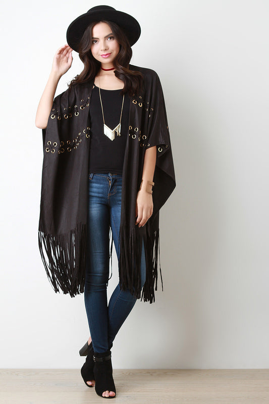 Faux Suede Grommet Fringe Poncho Top