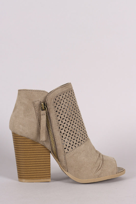 Qupid Suede Perforated Chunky Heeled Booties