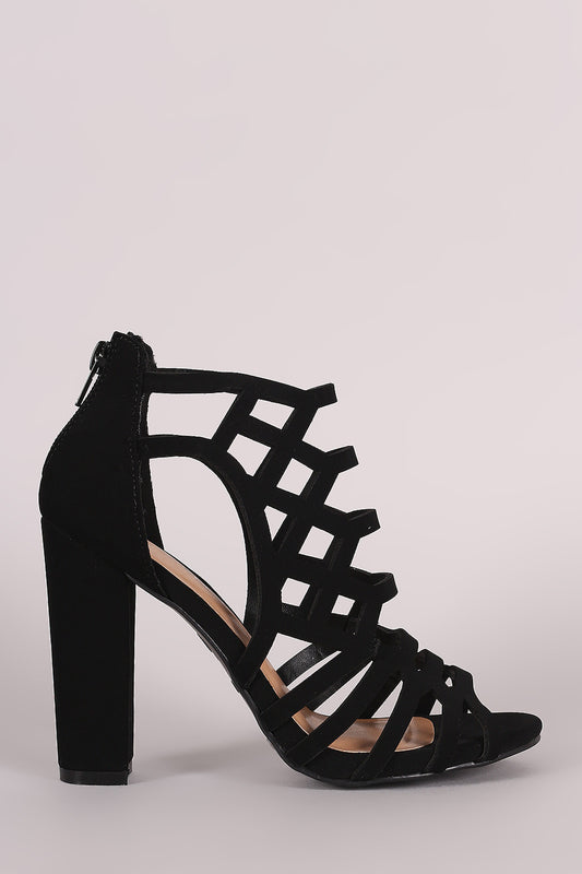 Bamboo Nubuck Caged Cutout Chunky Heel