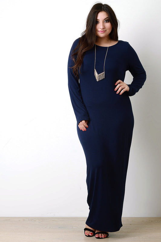Jersey Round Neck Long Sleeves Maxi Dress