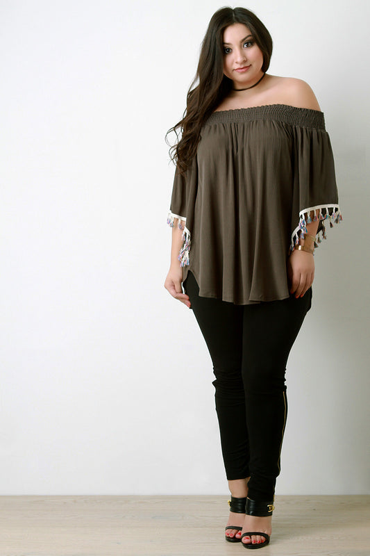 Off-The-Shoulder Smock Tassel Trim Sleeves Top