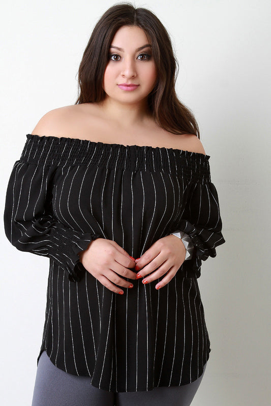 Pinstripe Off-The-Shoulder Smocked Top