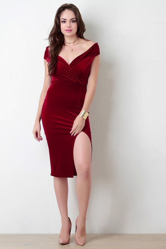 Velvet Surplice Off-The-Shoulder Bodycon Dress