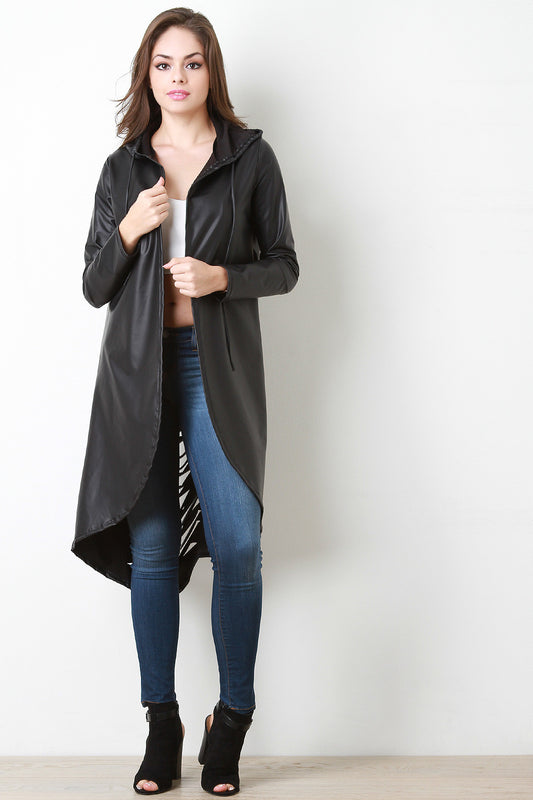 Vegan Leather Slashed Back Hooded Jacket