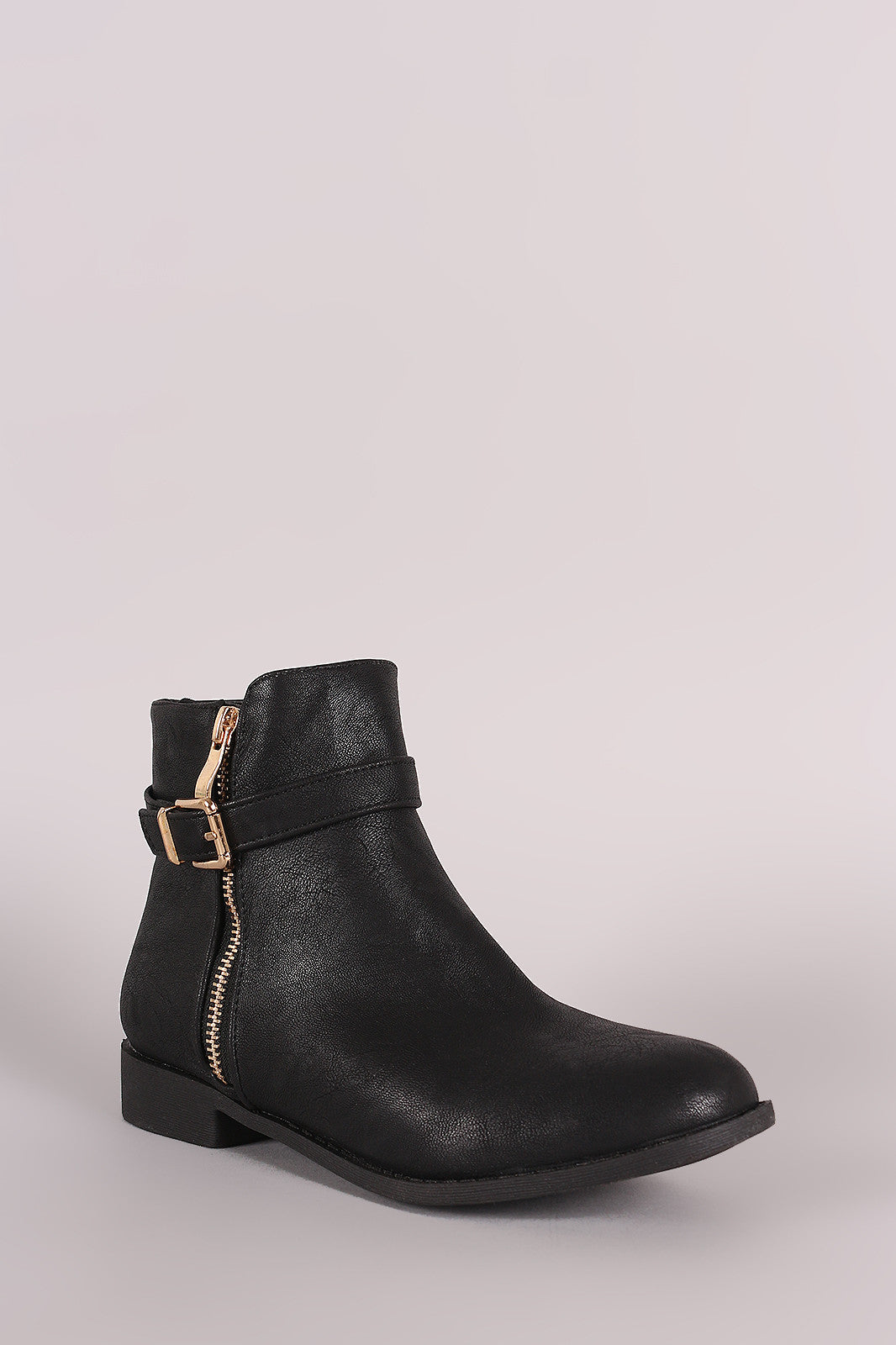 Buckled Zipper Trim Flat Ankle Boots