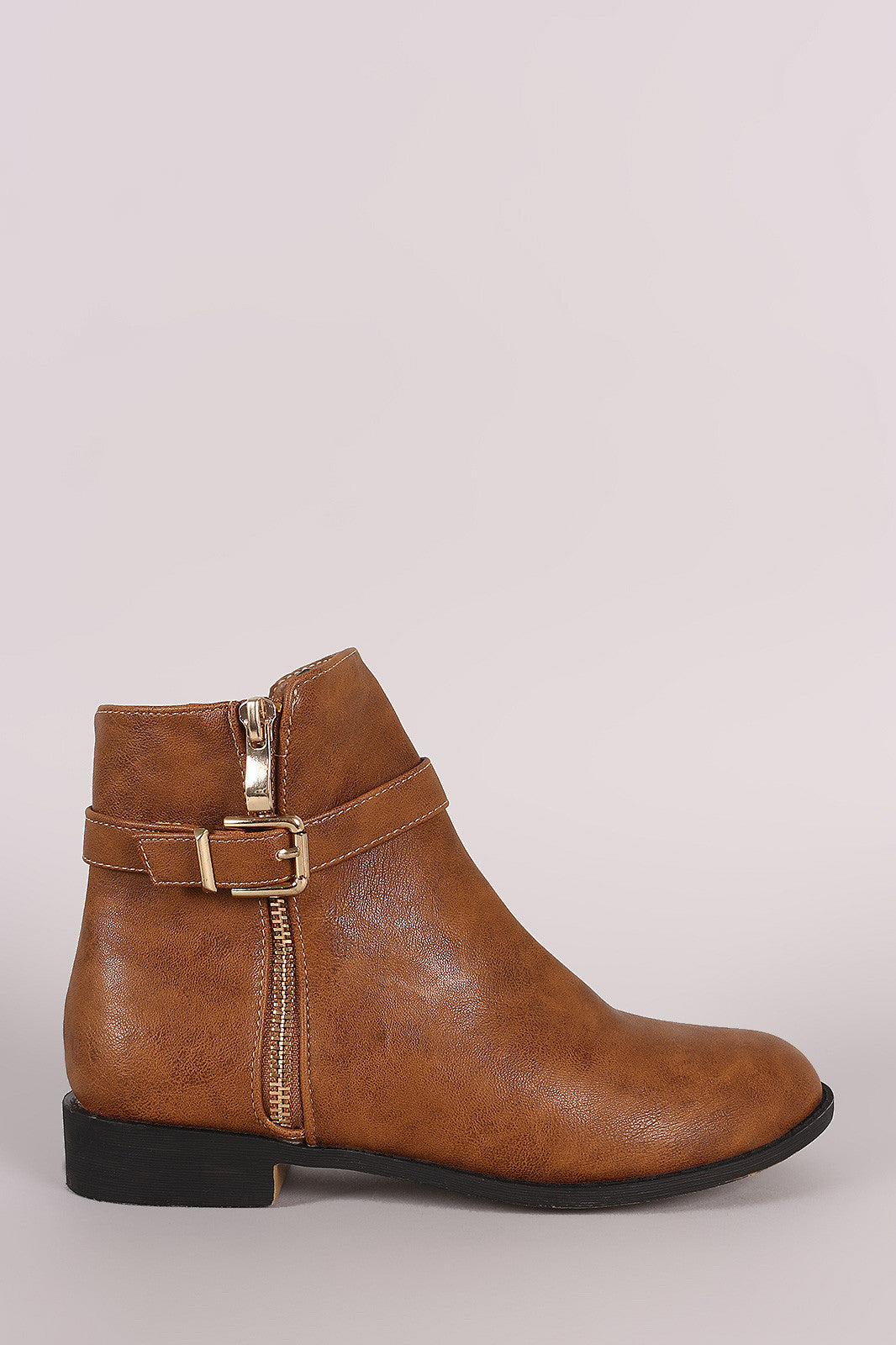 Buckled Zipper Trim Flat Ankle Boots