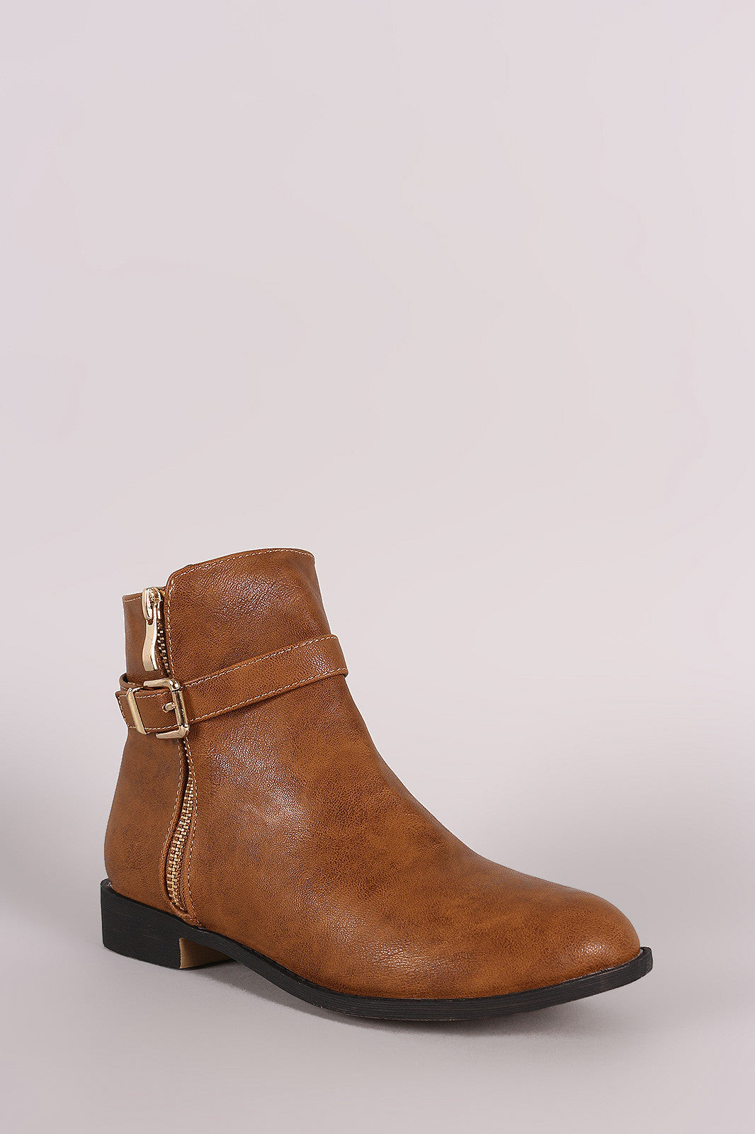 Buckled Zipper Trim Flat Ankle Boots