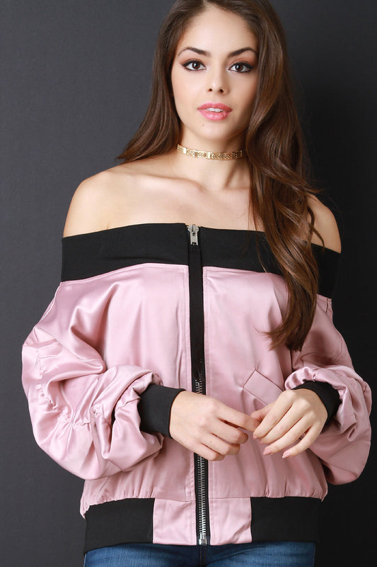 Glossy Off The Shoulder Puffy Bomber Jacket