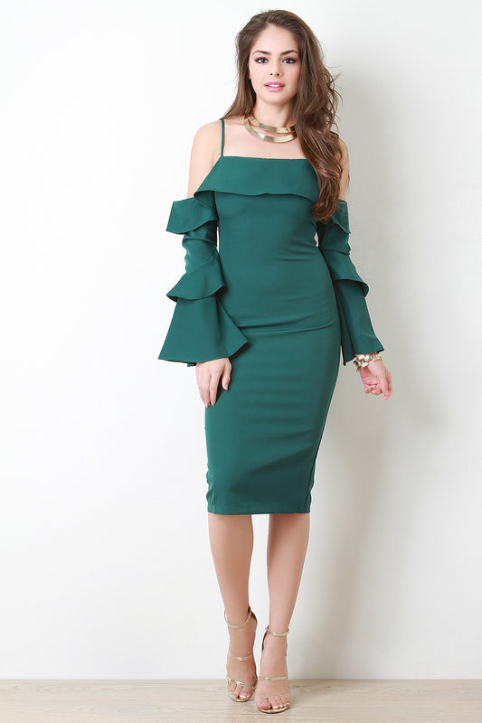 Open Shoulder Tiered Ruffle Bodycon Midi Dress