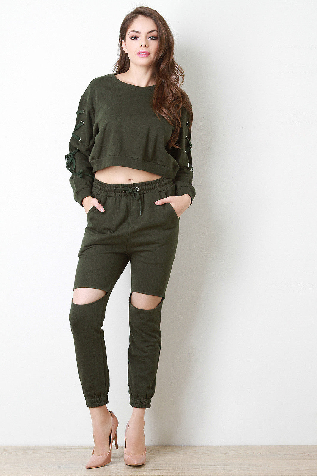 French Terry Laced Sleeves Crop Top