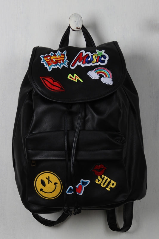 Patched Vegan Leather Drawstring Backpack