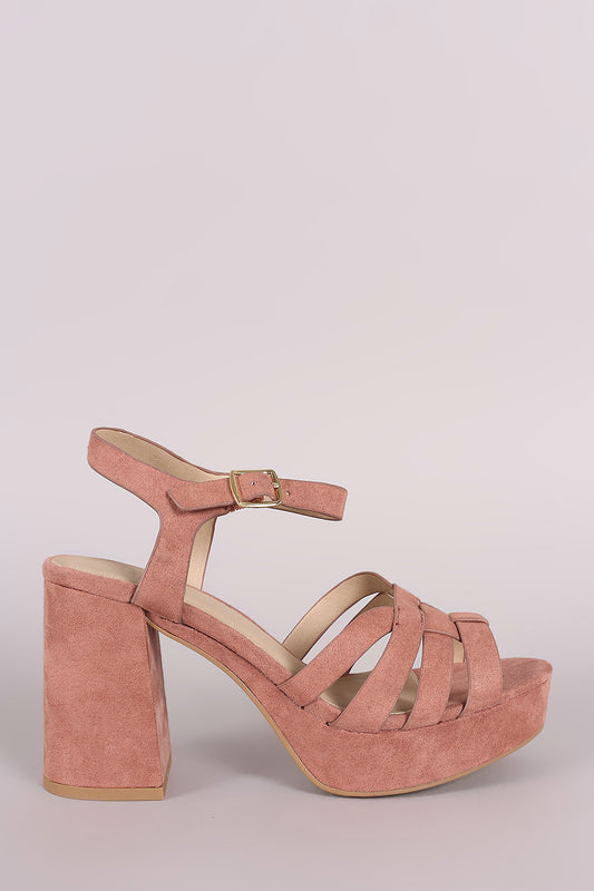 Qupid Suede Woven Ankle Strap Chunky Platform Heel