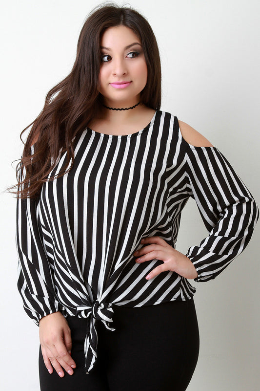 Striped Cold-Shoulder Self-Tie Hem Long Sleeve Top