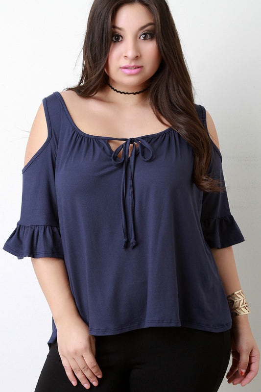 Cold-Shoulder Ruffle Sleeves Self-Tie Top