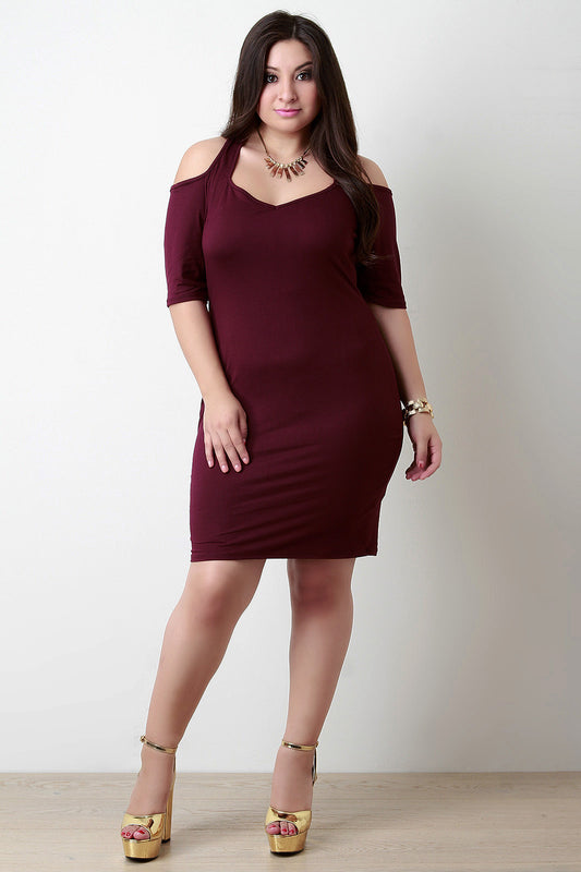 Cold Shoulder Halter V-Neck Bodycon Dress