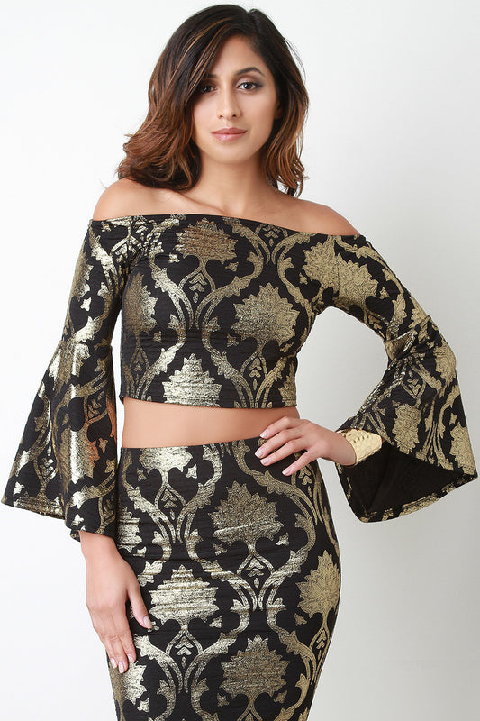 Baroque Metallic Bell Sleeve Crop Top