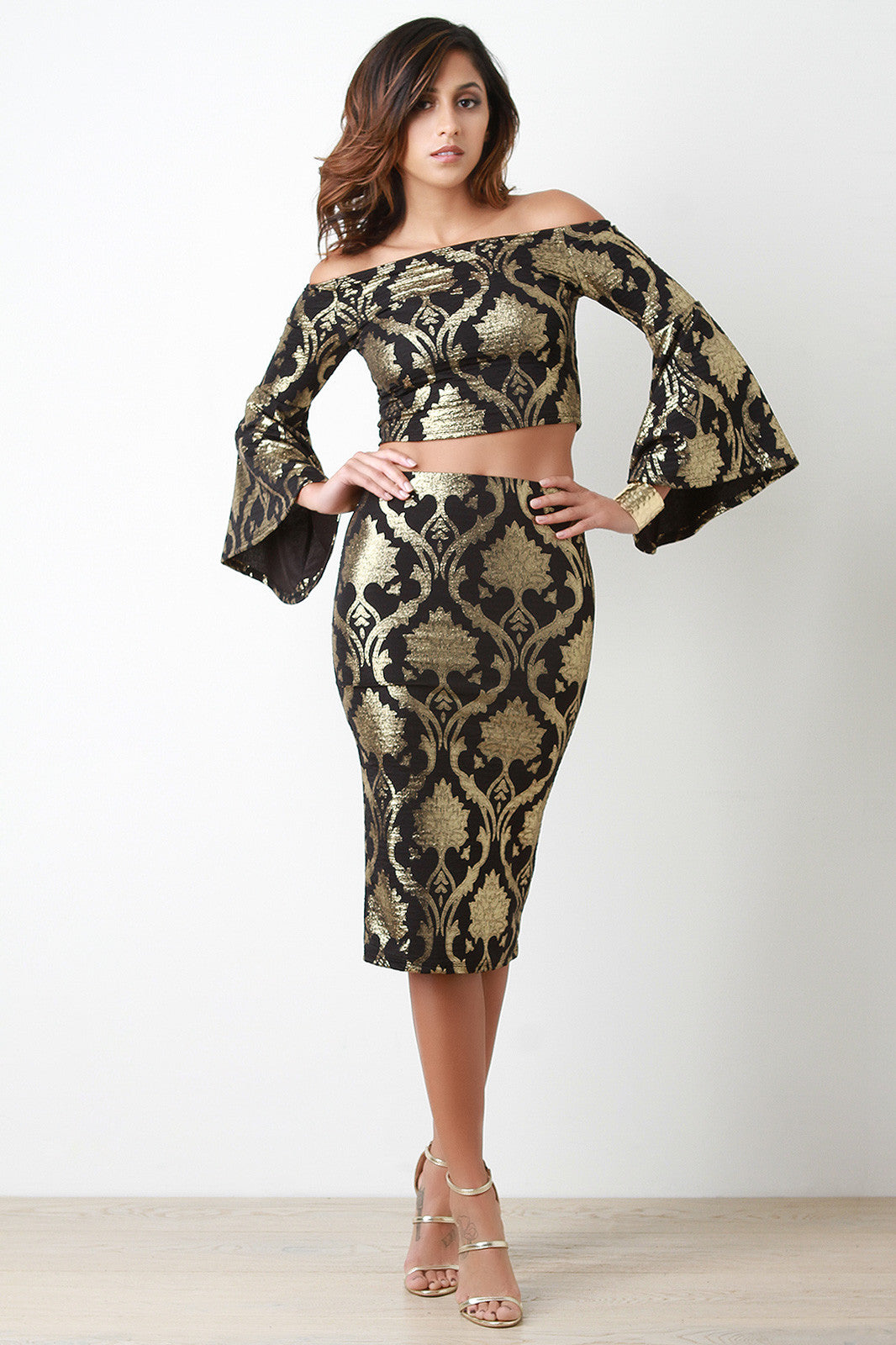 Baroque Metallic Pencil Midi Skirt