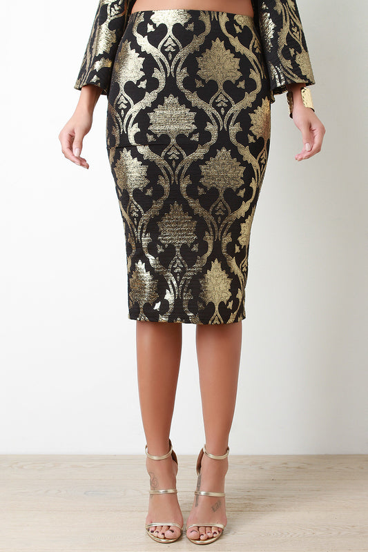 Baroque Metallic Pencil Midi Skirt