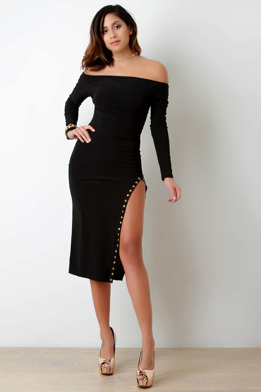 Studded High Slit Long Sleeve Bardot Dress